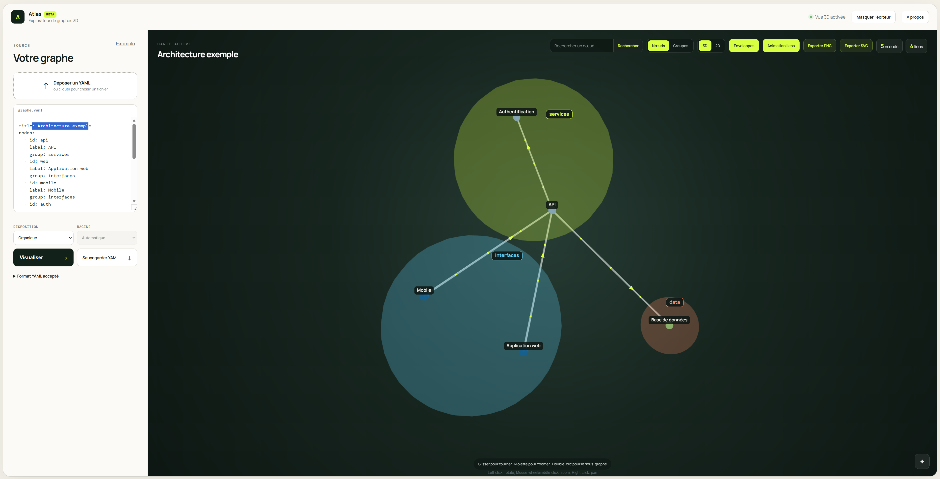 Interface complète d’Atlas affichant un graphe d’architecture avec ses groupes