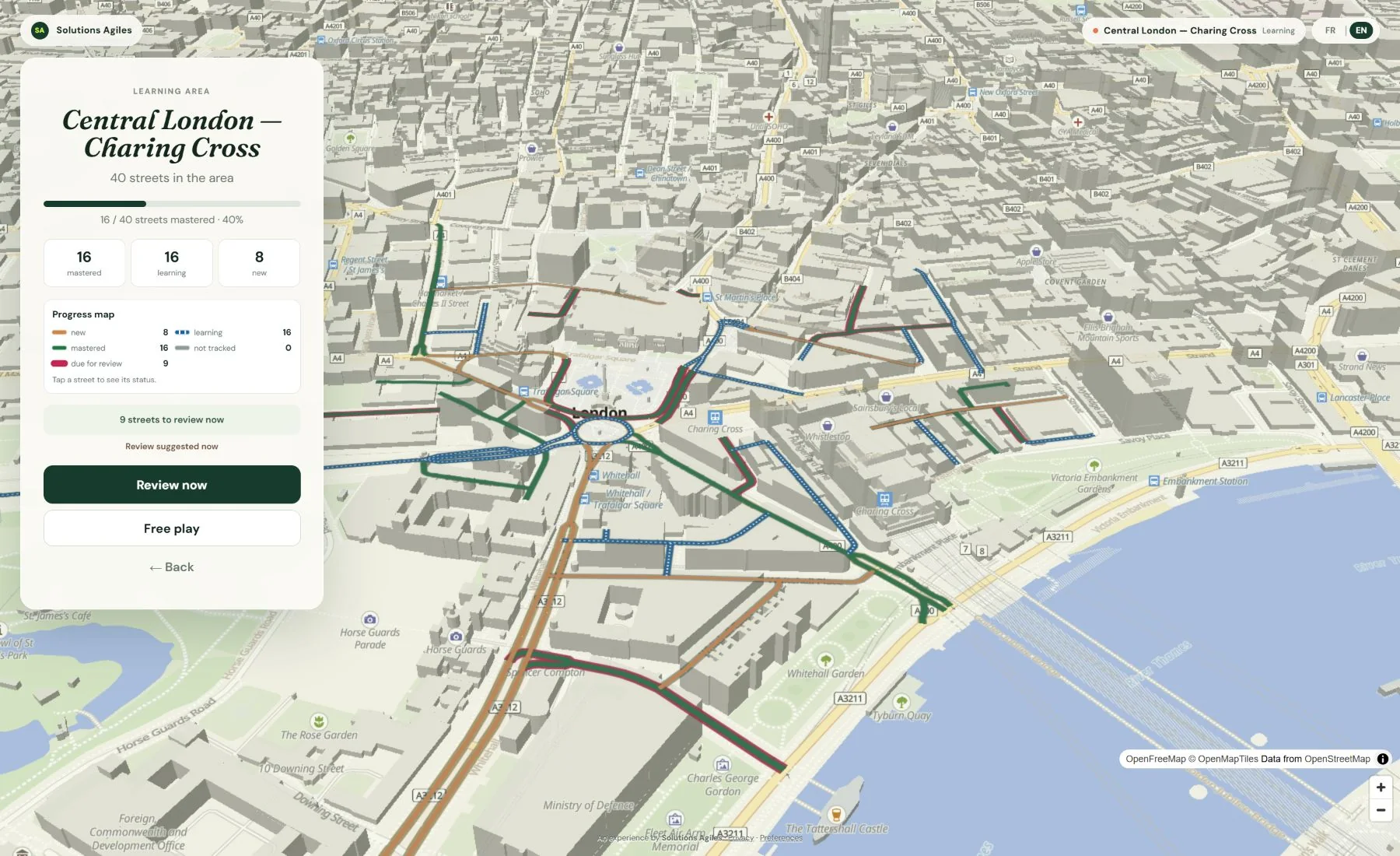Advanced learning map around Charing Cross showing new, learning, due and mastered streets