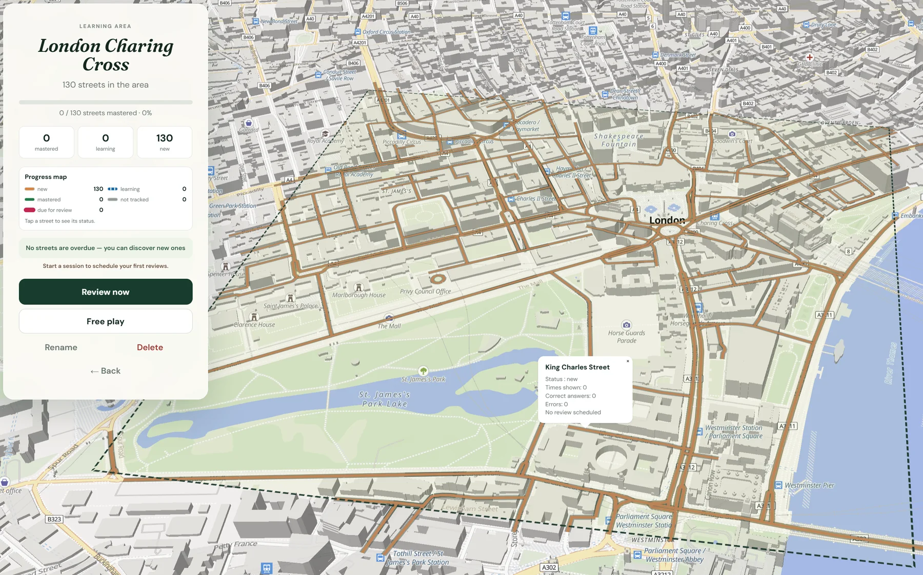 Charing Cross learning area with 130 London streets and individual statistics for King Charles Street