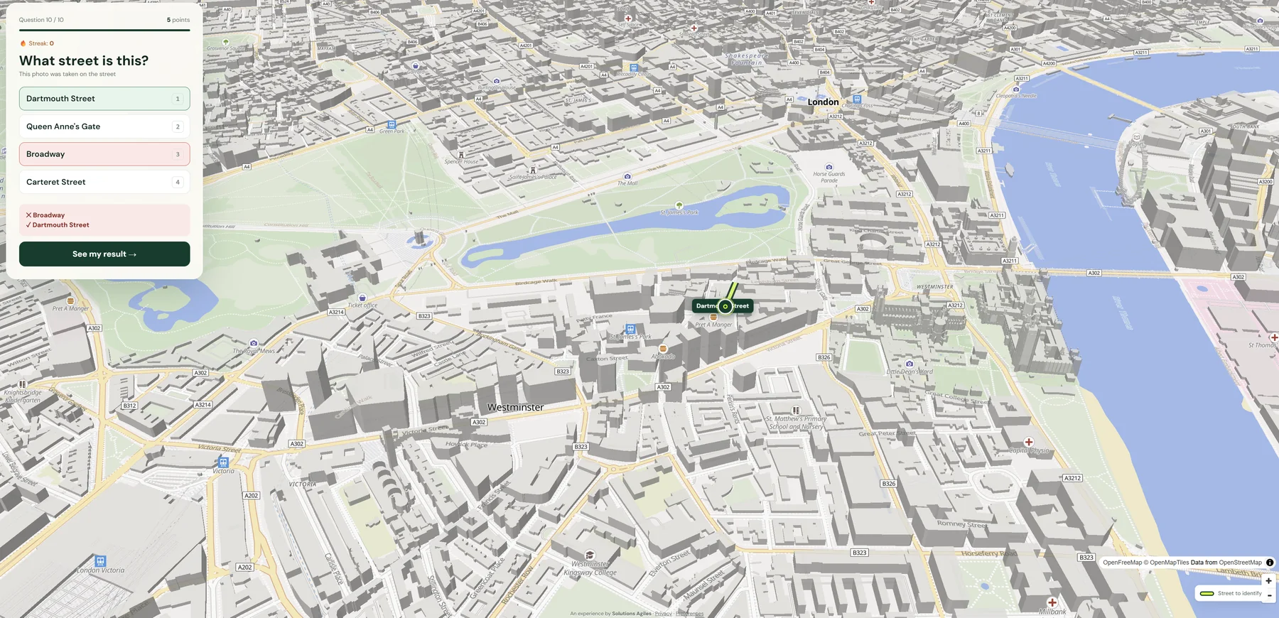 London quiz answer screen revealing Dartmouth Street and the exact photo location on the map