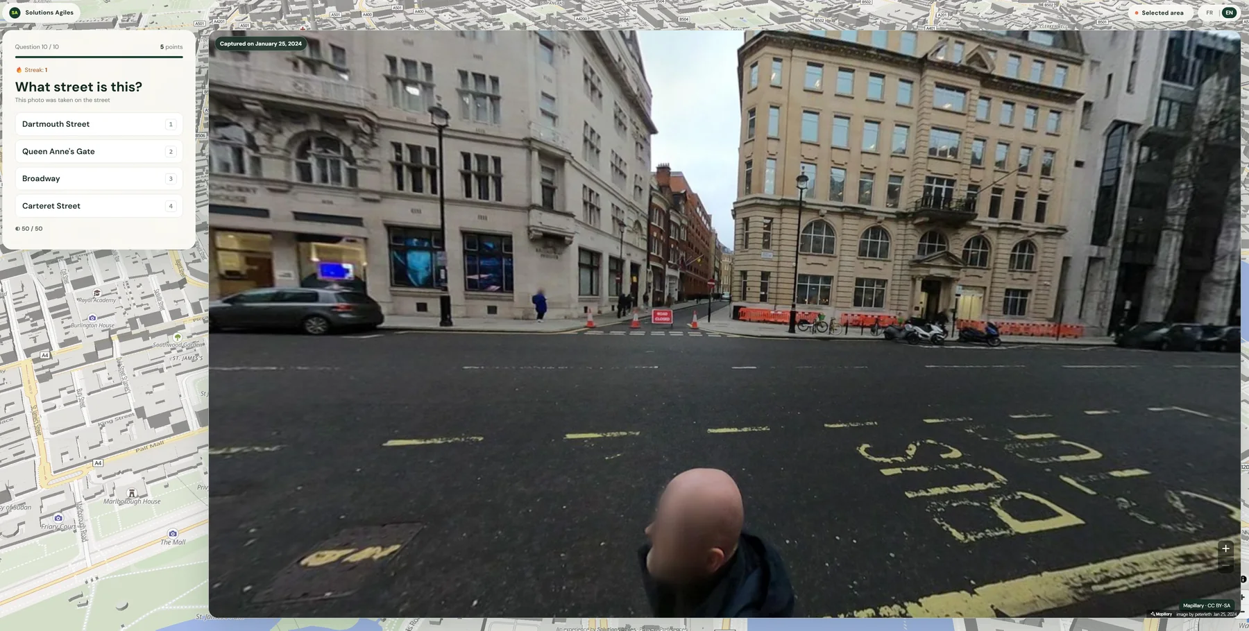 Interactive 360-degree London street image rotated to inspect the opposite side of the road