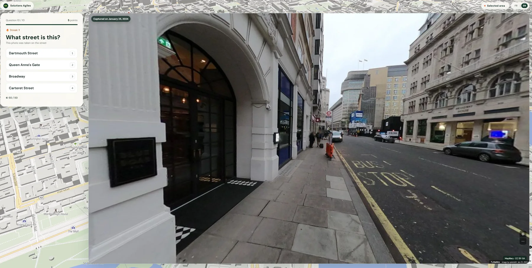 Complete multiple-choice London photo quiz showing a street-level image and four possible street names
