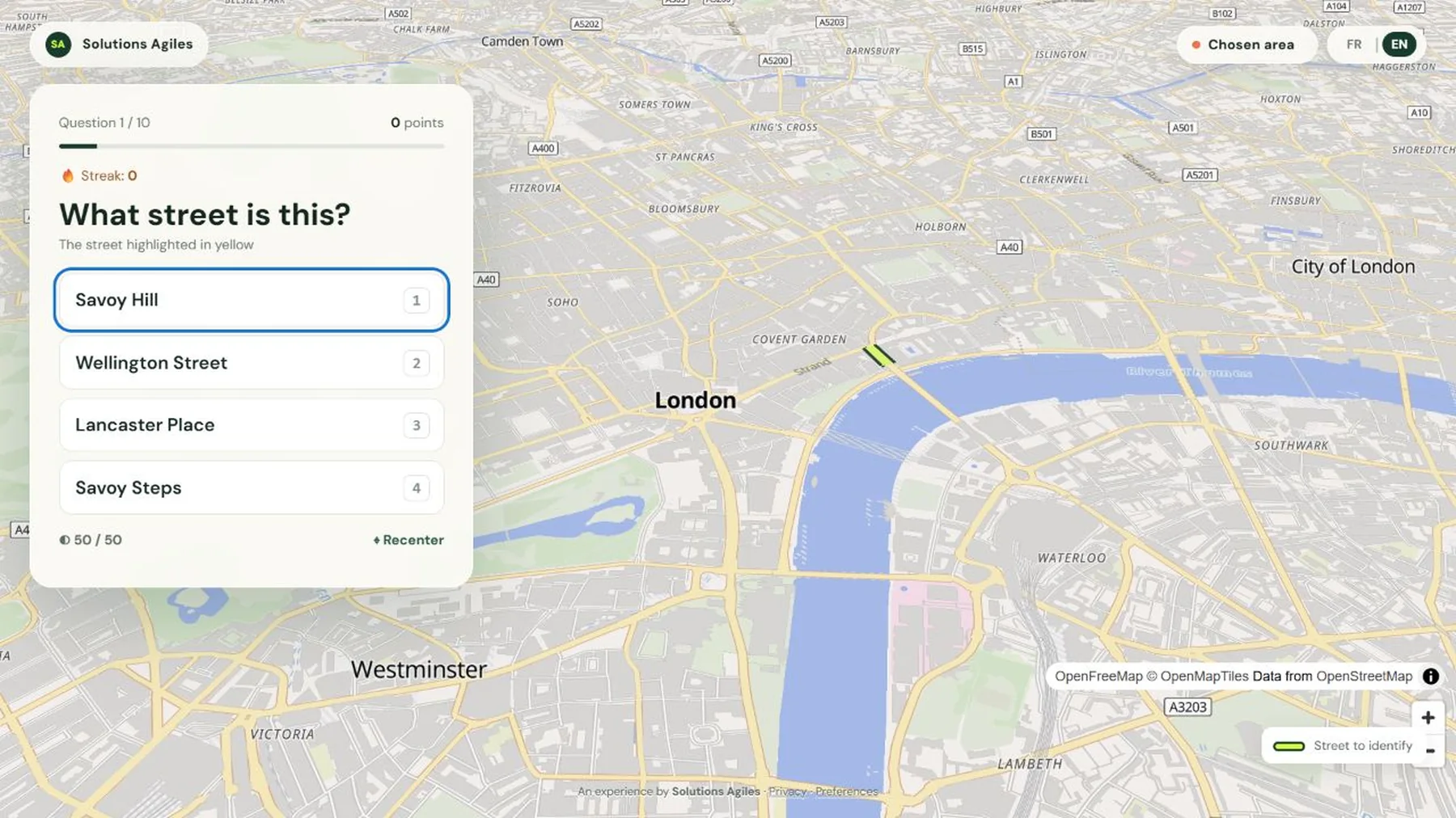 Street quiz over a map of central London with a road highlighted and London labelled