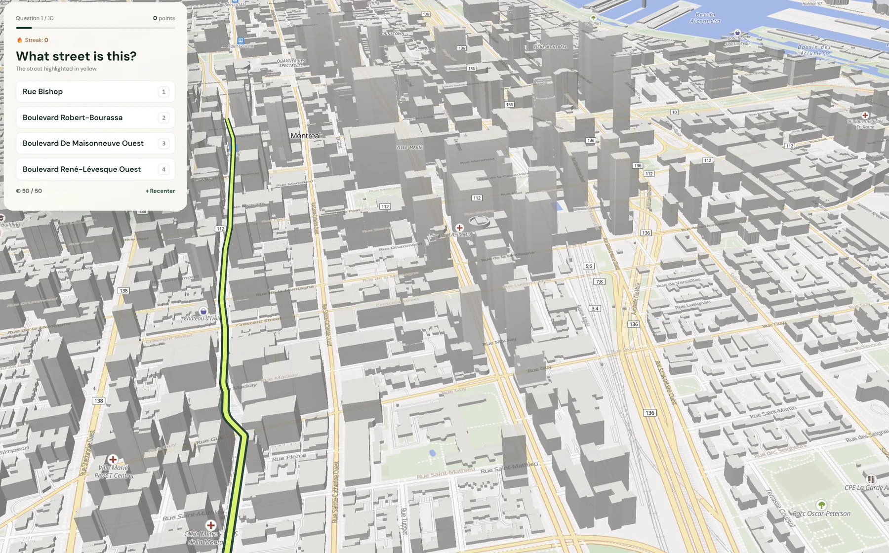 Name This Street question on a 3D map of Montreal with the street to identify highlighted