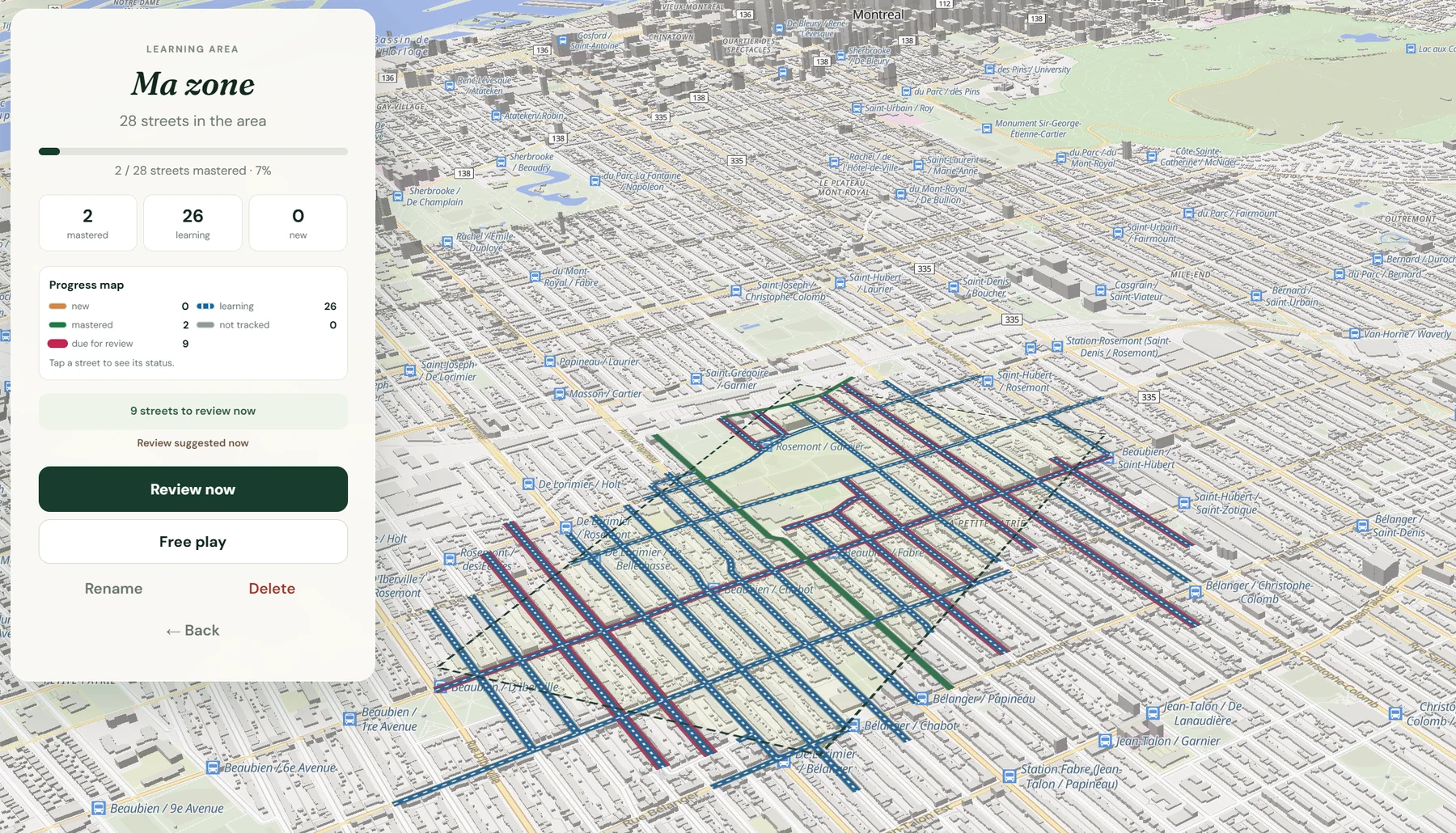 Real learning area in Montreal showing mastered streets, streets being learned and streets due for review