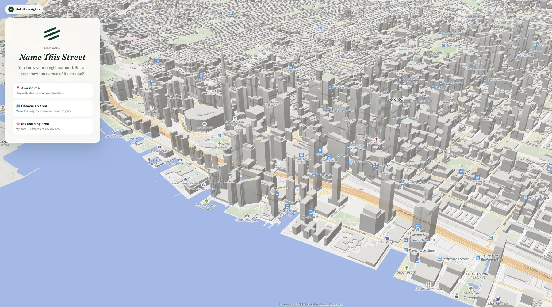 Name This Street area selection menu over a 3D city map