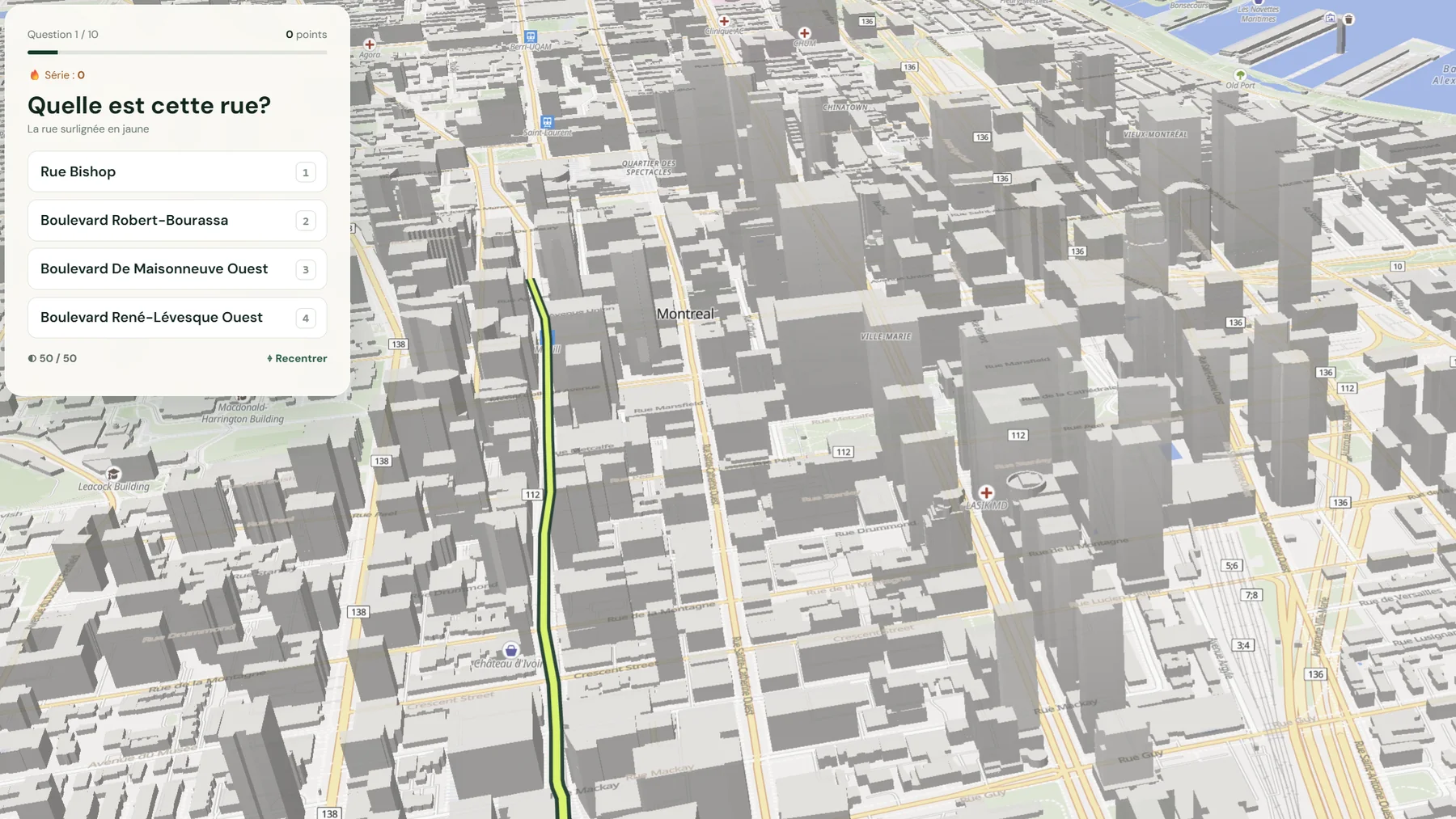 Question du jeu Nommer la rue sur une carte 3D de Montréal avec la rue à reconnaître surlignée
