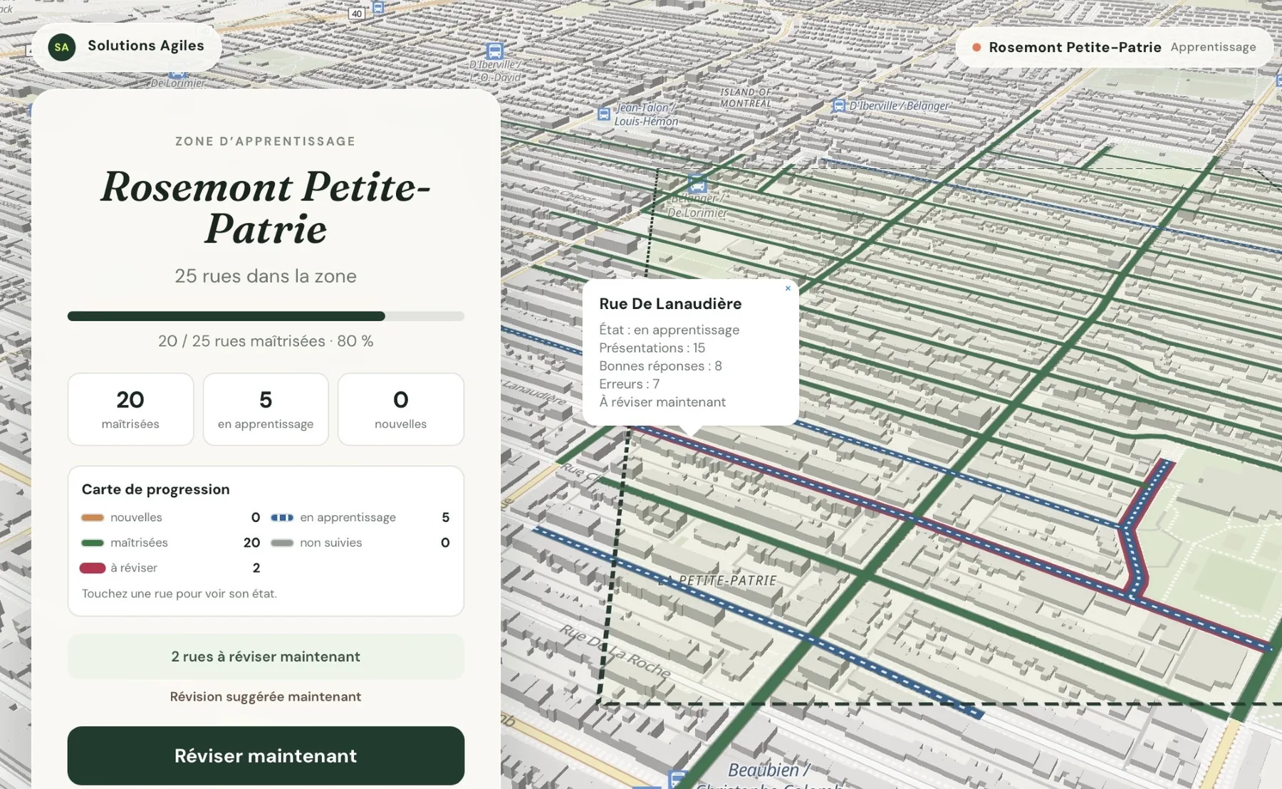 Carte d’une zone d’apprentissage avec les rues dans différents états