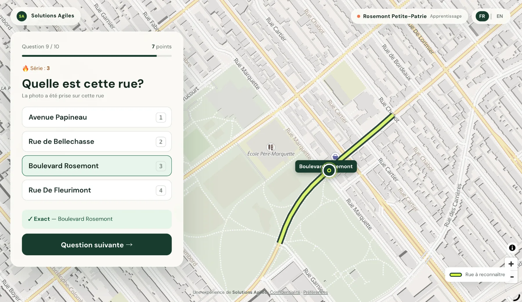 Réponse d’une question avec la rue replacée sur la carte
