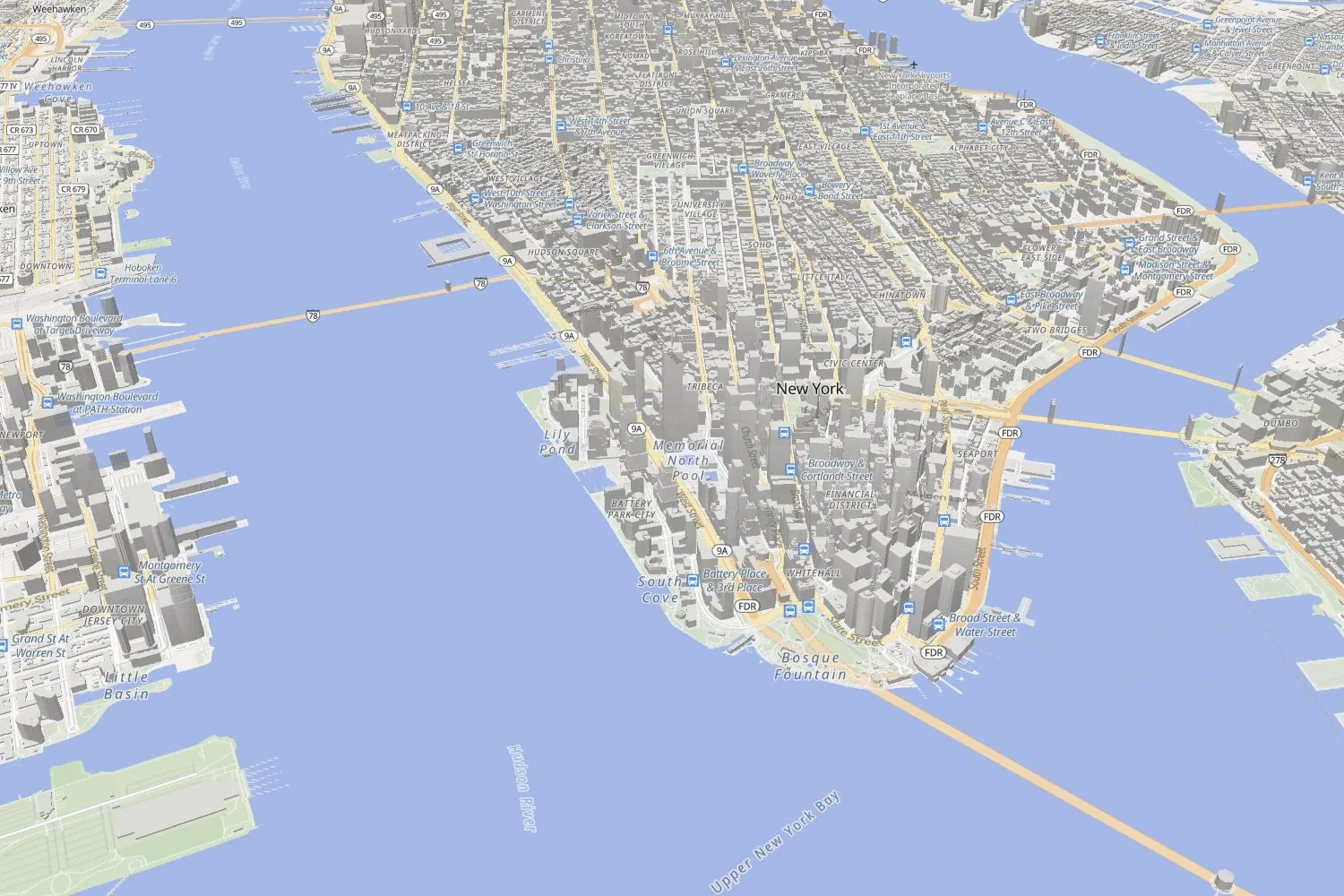 3D game map of Manhattan with New York labelled