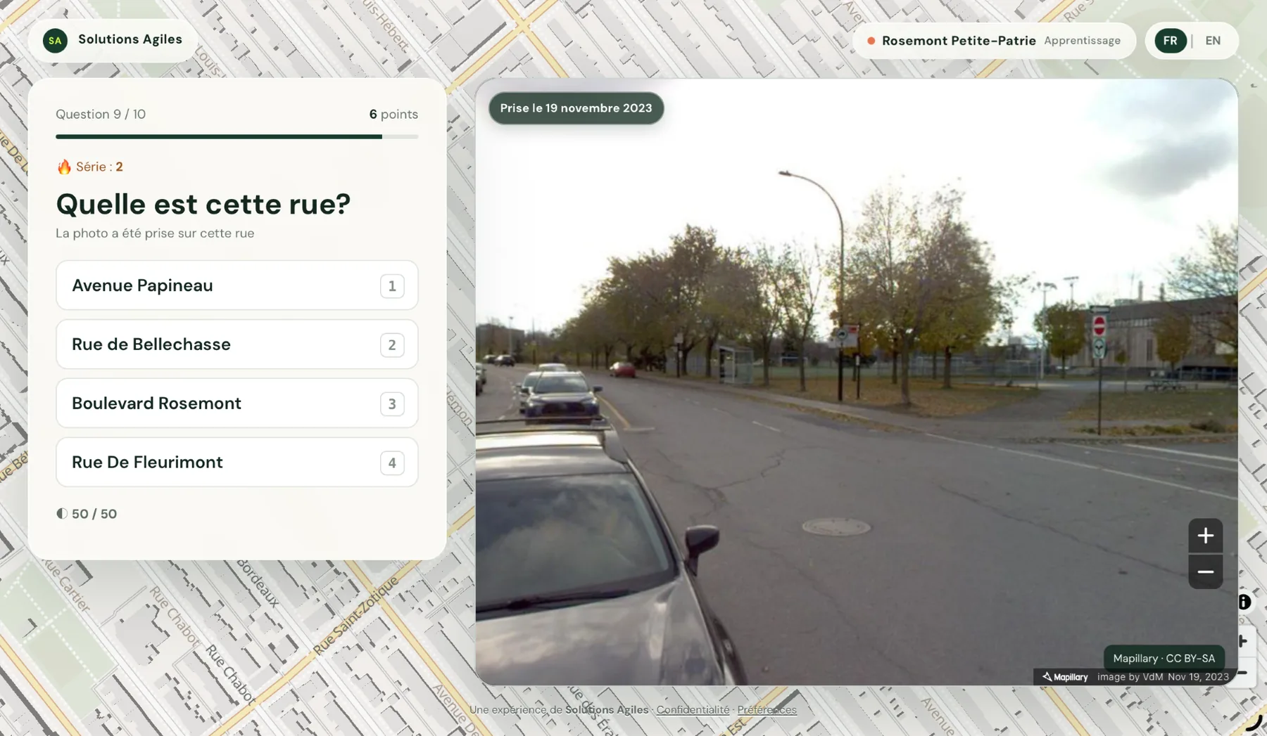 Question photo complète à Rosemont avec quatre choix : avenue Papineau, rue de Bellechasse, boulevard Rosemont et rue De Fleurimont