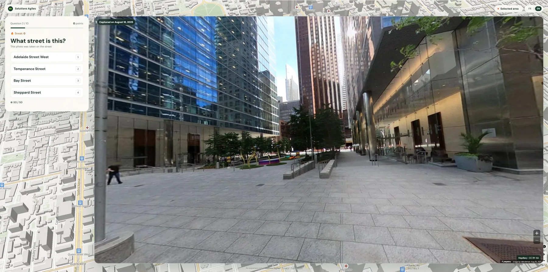 The same interactive Toronto street photo rotated toward a public plaza