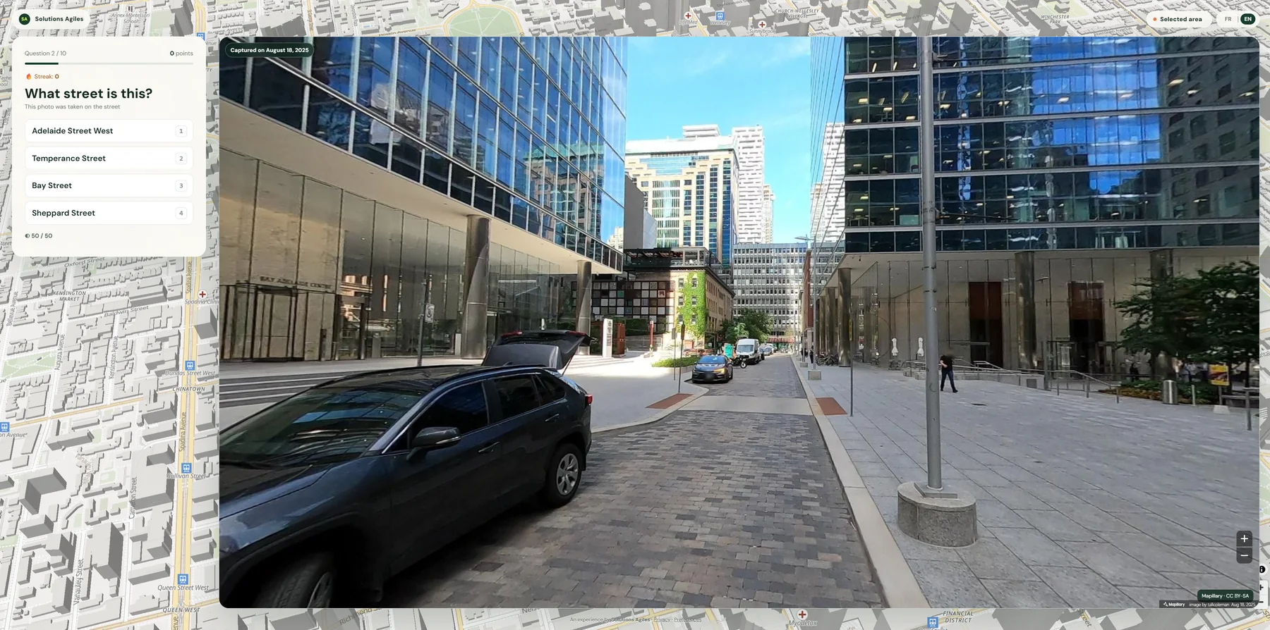 Street-level photo question in downtown Toronto with four multiple-choice street names