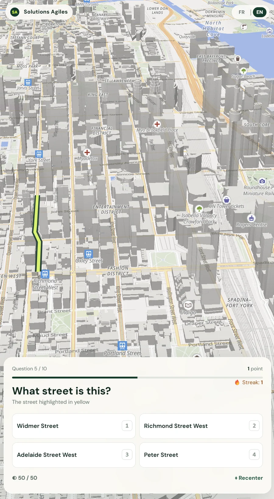 Toronto street quiz running in a mobile web browser