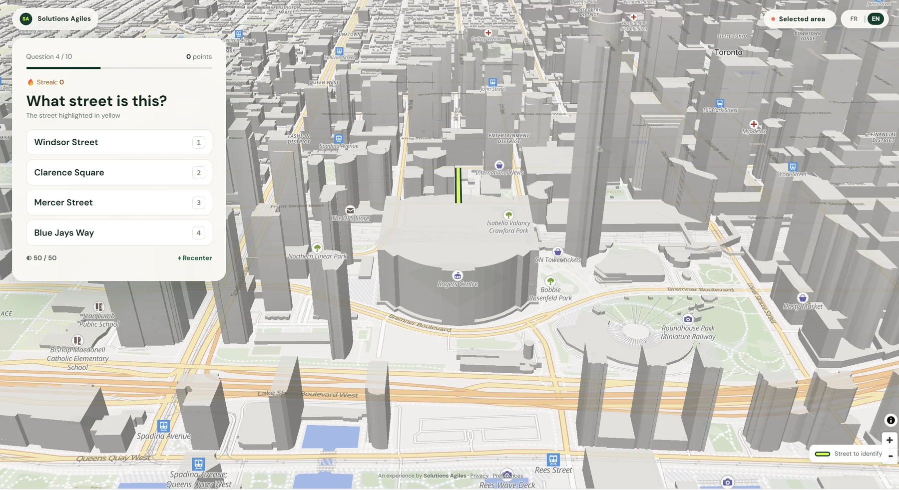 Name This Street question over a 3D Toronto map near the Rogers Centre